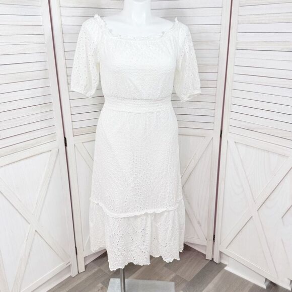 Betsey Johnson Eyelet Off The Shoulder Smocked Waist Midi Dress White Large - Picture 2 of 14